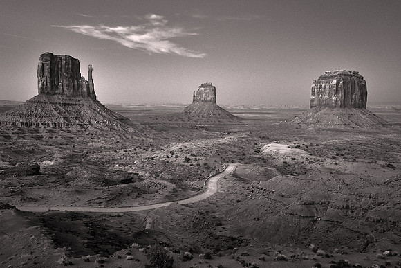 West and East Mittens and Merrick Butte at susset, Monument Valley, Utah - Utah Revisited in B&W: 2022 April 27- May 5.
