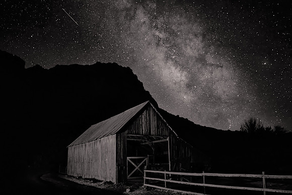 Meteorite and Milky Way over barn, Capitol Reef National Park - Utah Revisited in B&W: 2022 April 27- May 5.