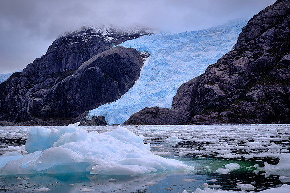 Seno Glacier, Kawésqar National Park, Chilean Fjords (Note the Zodiac at the toe of the glacier.)