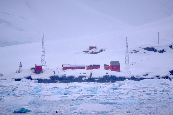 Estación González Videla Base, Waterboat Point, Paradise Bay, Antarctica, in a snow squall.
