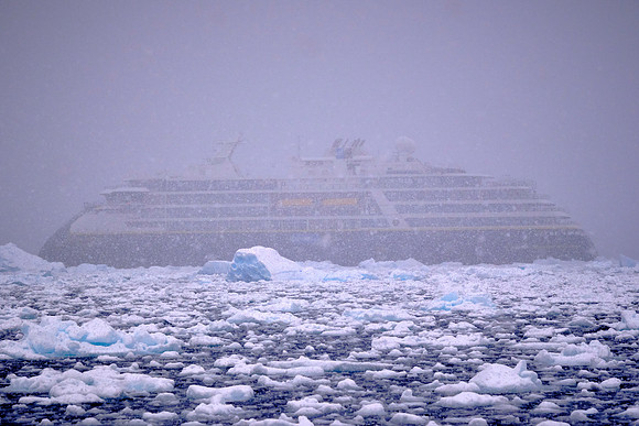Snow squall in Paradise Bay, Antarctica