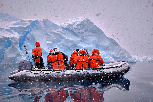 Snow squall in Paradise Bay that inspired a snowball fight between two Zodiacs.  (Ours won!)