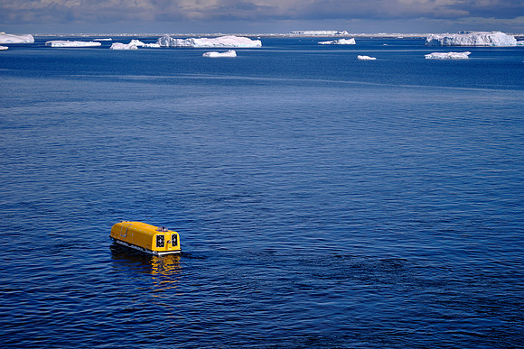 Resolution crew trains with lifeboat that holds 65 people, Horseshoe Island, Antarctica
