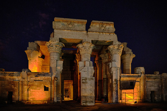The Temple of Kom Ombo is symmetrical.  It has two entrances, two Hypostyle Halls (covered by columns) and two sanctuaries.