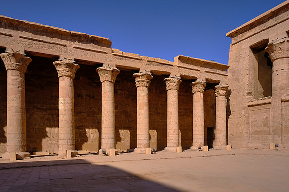 The temple was begun in 237 BC and initially consisted of a pillared hall, two transverse halls, and a sanctuary surrounded by chapels.