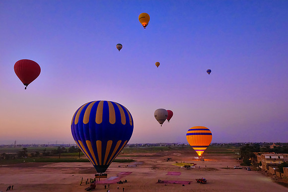 Early morning balloon ascension over the plains of Luxor.