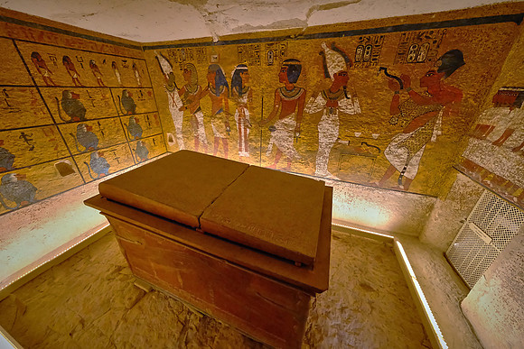 Tutankhamun's sarcophagus was buried in a tomb that was small considering his status. The tomb and crypt were highly decorated.