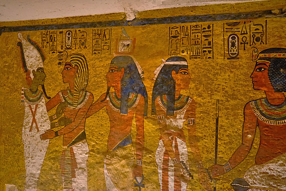 Scene from the wall of the burial chamber, in which Tutankhamun, followed by his ka (an aspect of his soul), embraces the god Osiris.