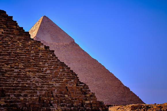 The Great Pyramid (background) is the biggest pyramid and the tomb of 4th Dynasty pharaoh Khufu (built in 26th century BC).