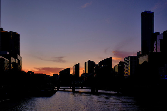 Sunset over the Docklands waterfront area in Melbourne.