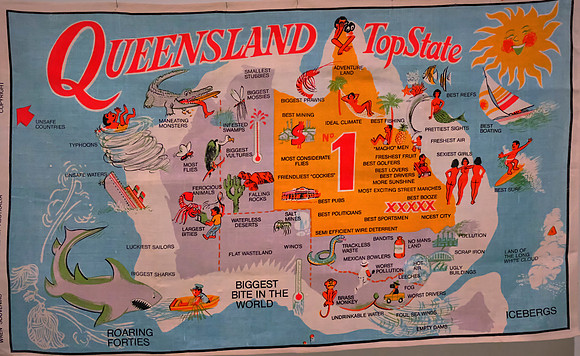 Many of the tea towels are unashamed advertisements extolling Queensland over other states in the country.
