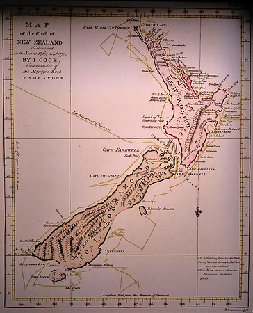 Cook mapped the shoreline of New Zealand.  The dotted line shows his circuitous circumnavigation of the land.