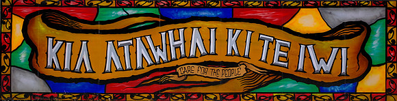 This street art is part of a large Māori mural titled "Tūmanako" (Hope).