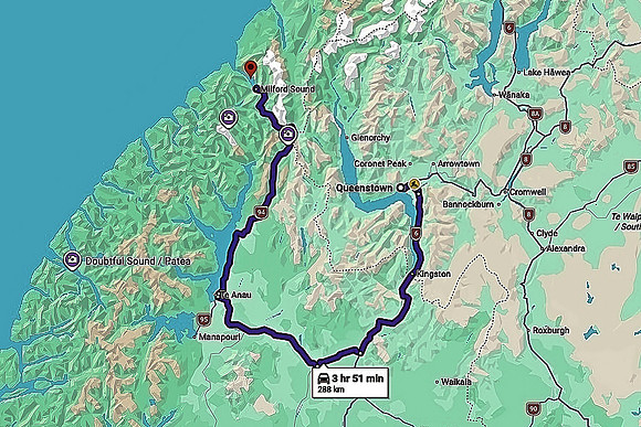 We drove from Queenstown 8 hours to Milford Sound; there is no direct shot. And 8 hours back to Queenstown.