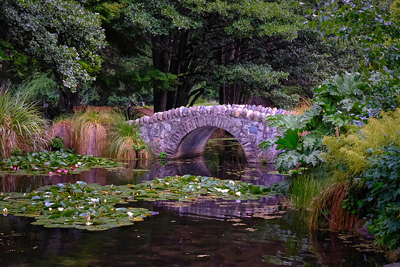 Stone bridge frequently referred to as a "Tolkienesque" bridge due to its rustic appearance.