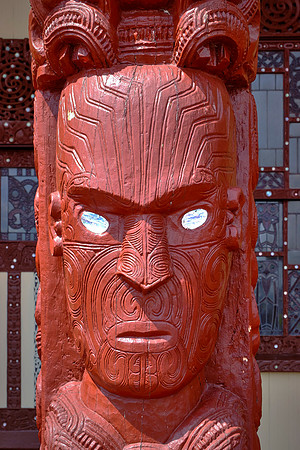 The carved human figures and faces represent specific ancestors of the Ngāti Whakaue people.