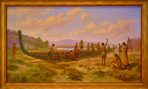 This painting depicts the construction of a Mäori war canoe.