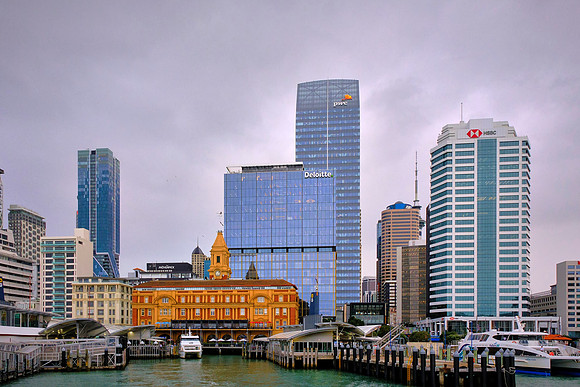 The Auckland Historic Ferry Building (in yellow) was constructed between 1909 and 1912.