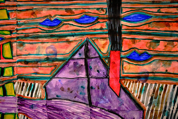 Hundertwasser’s paintings use intense, bright colors, spirals, and organic shapes rather than realistic perspective.