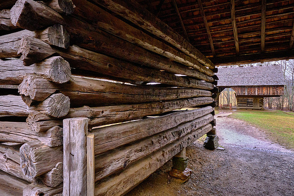 The homestead also had old-fashioned bee gums, a blacksmith shop, and a cantilever barn.