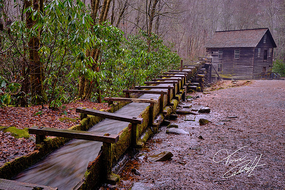 From water pressure built up in the penstock at the flume's end, the turbine generated 11 horsepower - enough to run the mill.