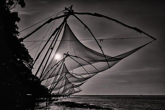 2018 October, Chinese fishing nets at sunset, Kochi, Southern India