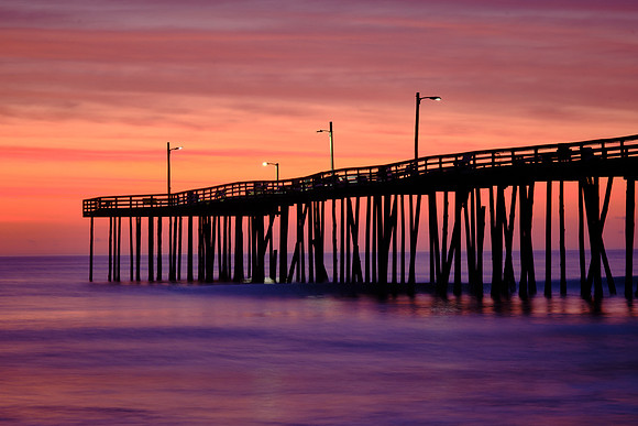 Sunrise over the Atlantic Ocean and Nags Head Fishing Pier, NC