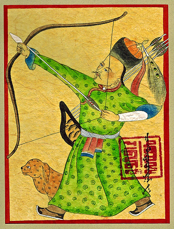 Contemporary watercolor of traditional Mongolian archer-warrior
