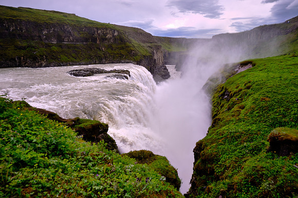 Gullfoss Waterfall is 104 feet tall with two major drops.