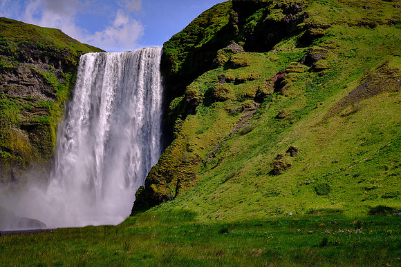 Skógafoss is one of the biggest with  a width of 82 feet and a drop of 200 feet.