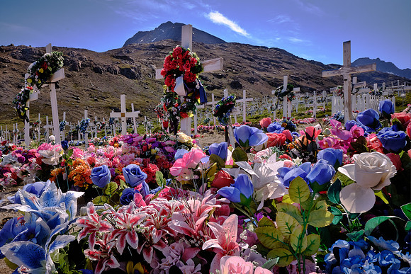 The crosses are unmarked. In the Inuit tradition, the names of the dead never die.