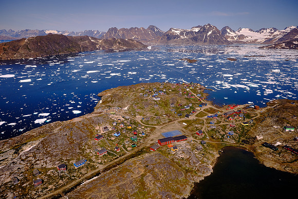 The village of Kulusuk below with pack ice in the Ammassalik Fjord.