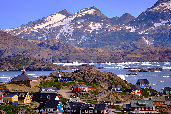 The new church in Tasiilaq is depicted  here in the lower left.