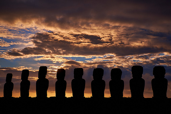 2016 October 18.  Sunrise over Moai, Easter Island, Chile.