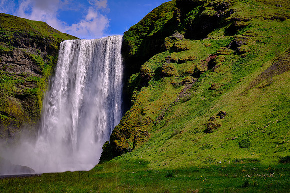 Skógafoss is one of the biggest with  a width of 82 feet and a drop of 200 feet.