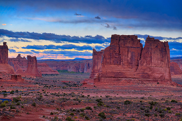 Sunrise at Courthouse Towers, La Sal Viewpoint, Arches National Park, UT