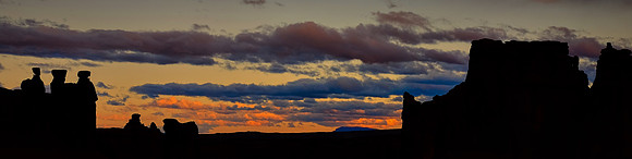 Sunrise over The Three Gossips and Courthouse Towers, at La Sal Viewpoint, Arches National Park, UT