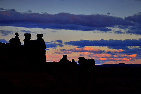 Sunrise over The Three Gossips and Sheep Rock, La Sal Viewpoint, Arches National Park, UT
