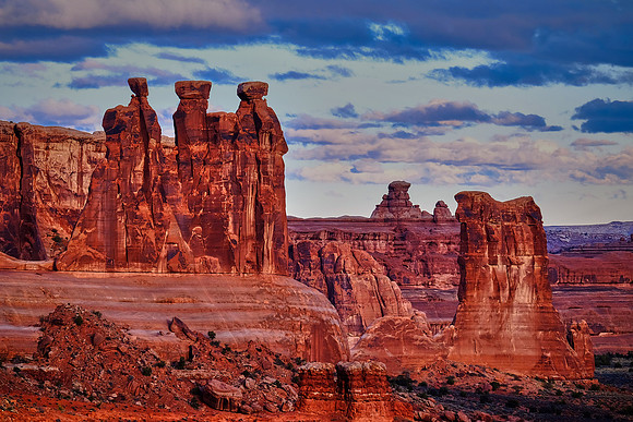 The Three Gossips and Sheep Rock, La Sal Viewpoint, Arches National Park, UT