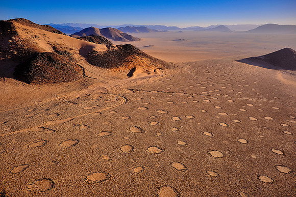 Fairy circles at sunrise over the  Sossusvlei, Namib Desert, Namibia