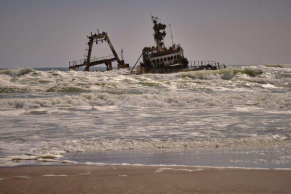 The Suiderkus (sunk on maiden voyage in 1976) & cormorants — Mowe Bay, Skeleton Coast, Swakopmund, Namibia