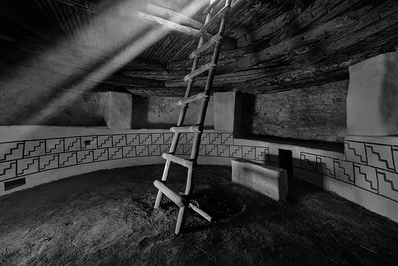 Inside a reconstructed kiva: a room used by Puebloans for religious rituals and political meetings.