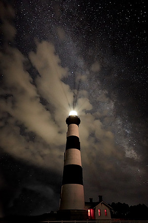Bodie Island Lighthouse, Milky Way galaxy, and cloud, Outer Banks, North Carolina