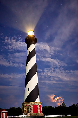 Lightning storm at Cape Hatteras Lighthouse, Outer Banks, North Carolina (simultaneous lightning front and back)