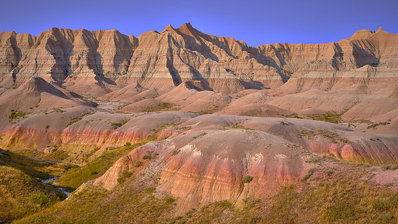 Colored shale bands are different underwater deposits in Badlands National Park, SD