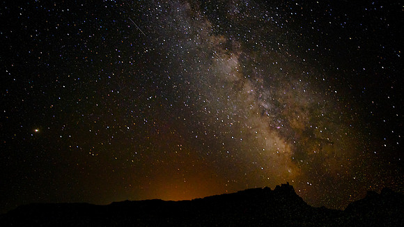 Milky Way Galaxy and Perseid meteor shower near White River Valley Overlook, Badlands National Park, SD