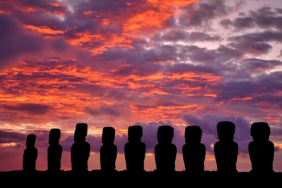 Moai at sunrise, Easter Island, Chile