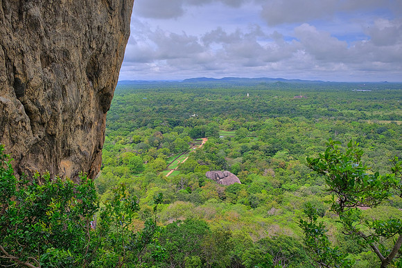A view from atop Lion Rock down to the ancient city and the entrance to Sigiriya, Sri Lanka