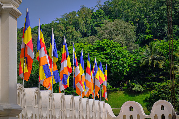 The official Buddhist flag, adopted in 1885, was designed by Colonel Henry Steel Olcott, an American journalist.