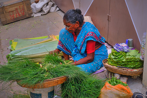 Herb and betel purveyor on the streets outside the temple in Kancheepuram.